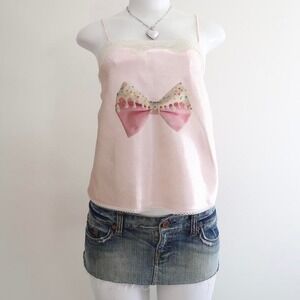 y2k pink satin lace cami bow graphic top size L